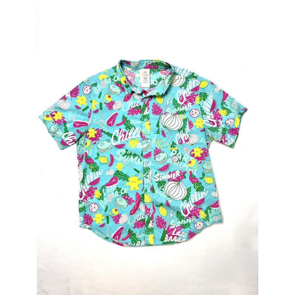 Disney Toy Story Button Shirt Mens M AOP Hawaiian Buzz Woody Summer Graphic